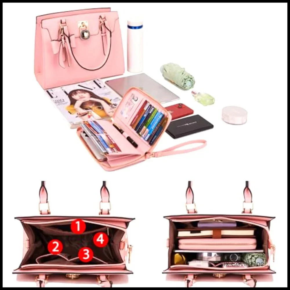 Top Handle Satchel Tote Shoulder Work Bag Set With Matching Clutch Wallet
